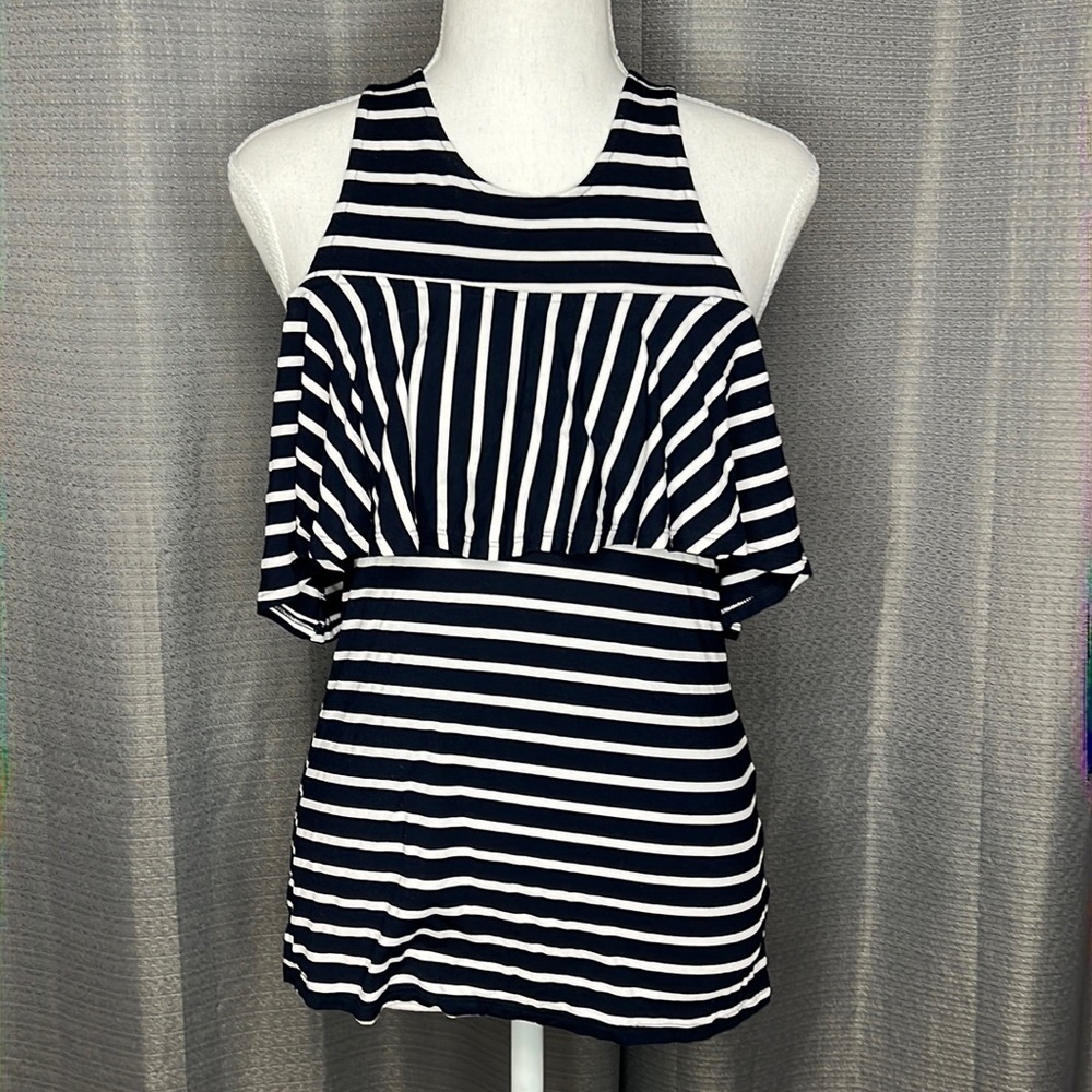 ALYA NAVY BLUE AND WHITE STRIPED COLD SHOULDER TANK TOP SMALL